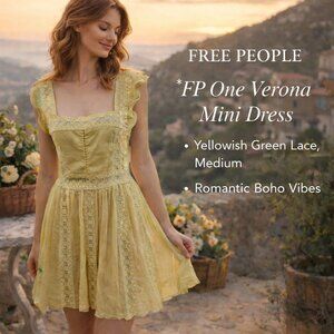 Free People FP One Verona Mini Dress SZM Lace Square Neck Romantic Yellow